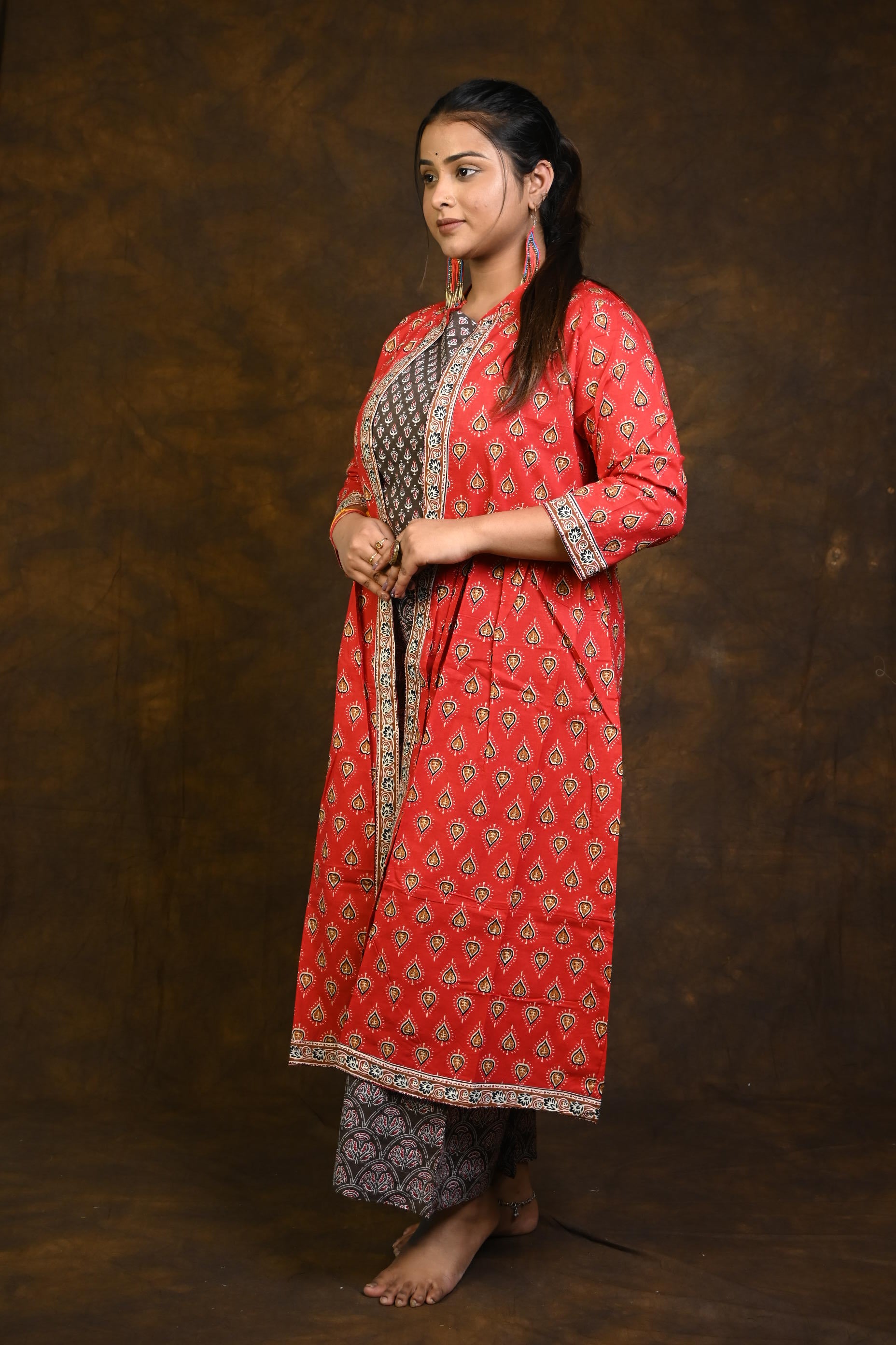 Kashish-Red HBP Cotton 3 Piece Dress Suits (Co-ord Set)