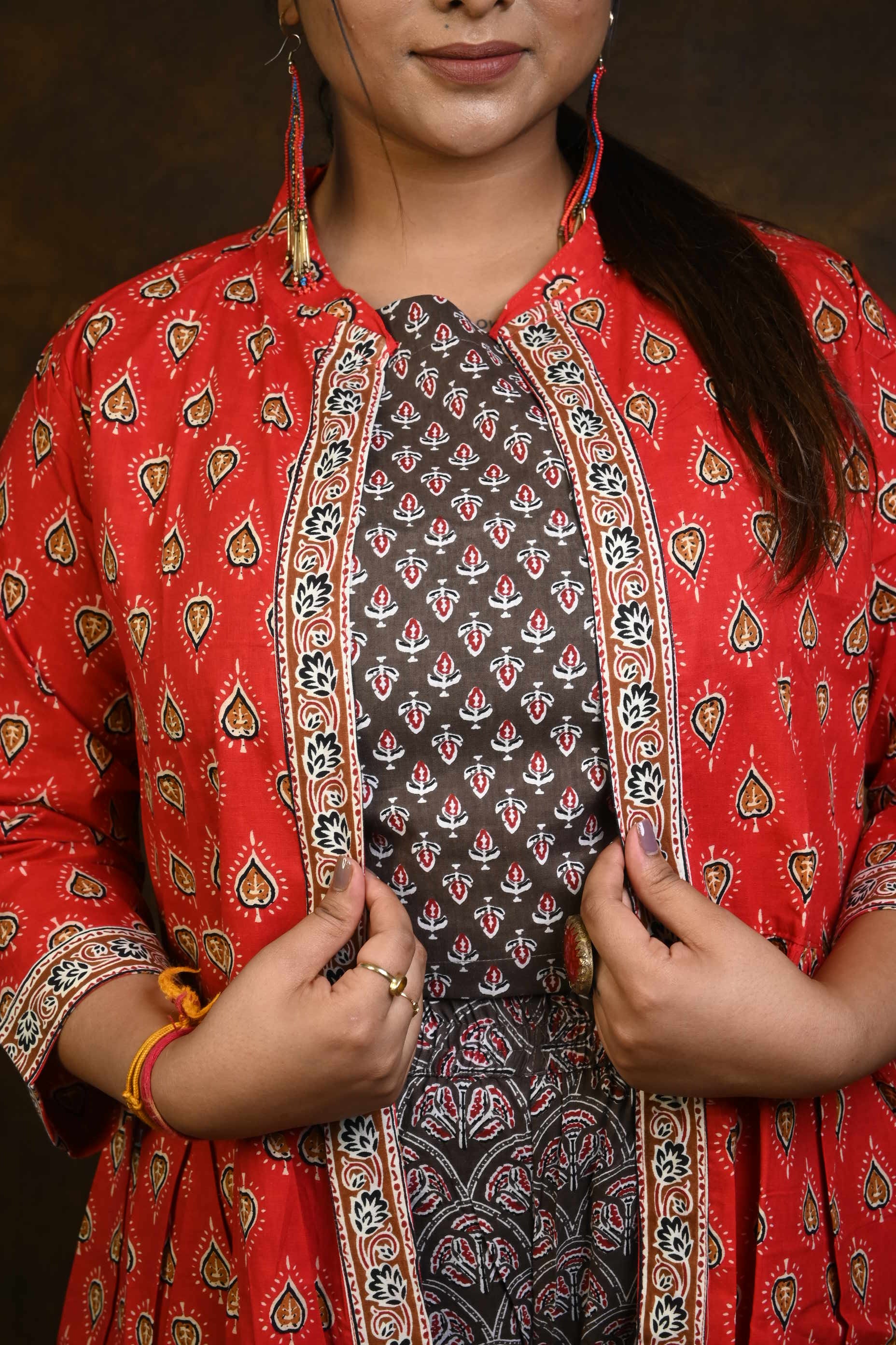 Kashish-Red HBP Cotton 3 Piece Dress Suits (Co-ord Set)