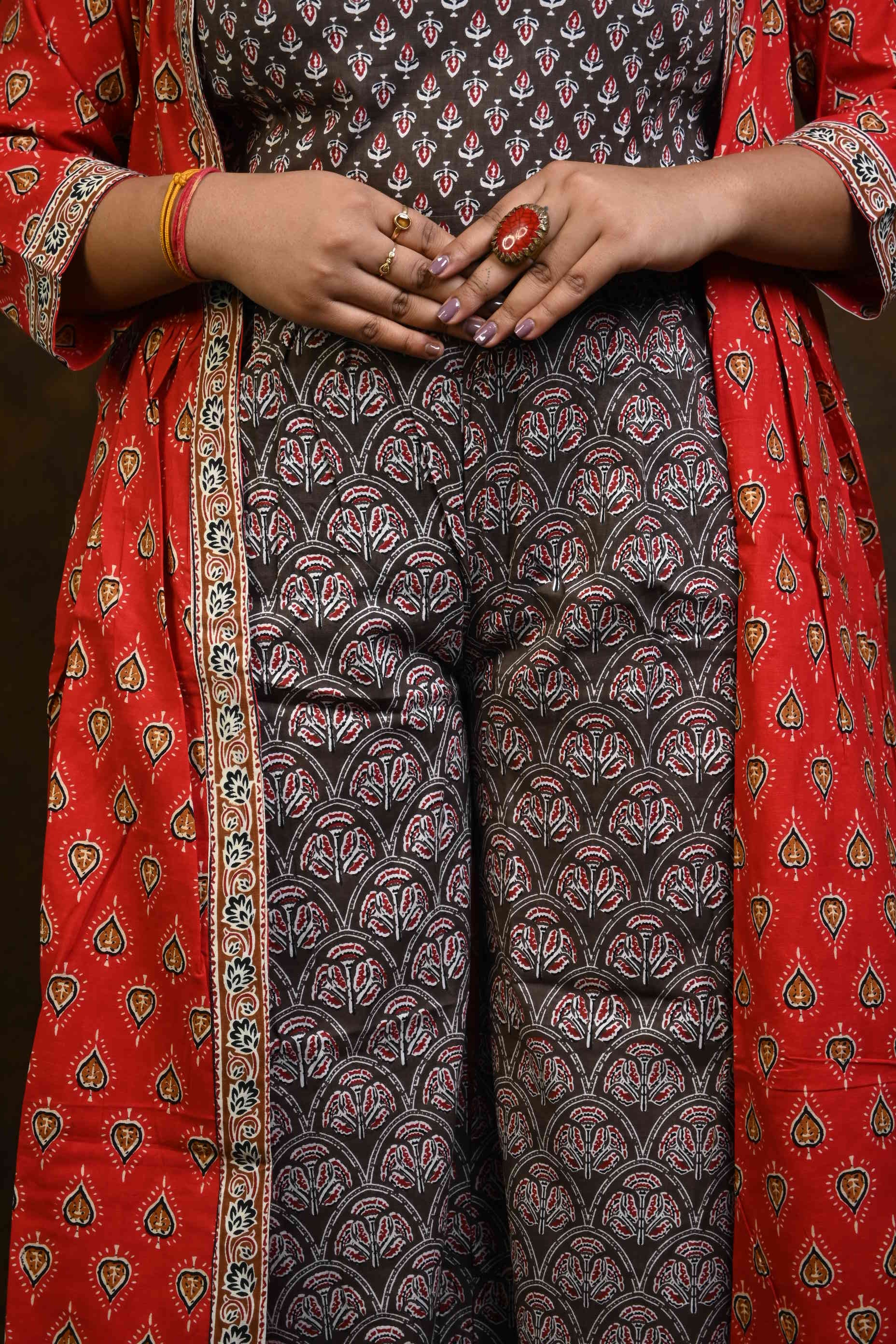 Kashish-Red HBP Cotton 3 Piece Dress Suits (Co-ord Set)