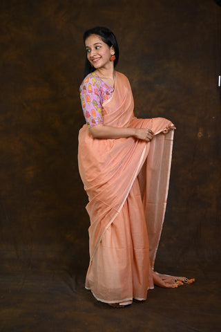 Peach Orange Mulmul Cotton Saree With Dark Peach Tassels