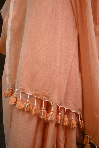 Peach Orange Mulmul Cotton Saree With Dark Peach Tassels