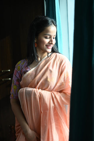 Peach Orange Mulmul Cotton Saree With Dark Peach Tassels