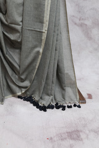 Dark Grey Mulmul Cotton Saree-SRDGMCS95