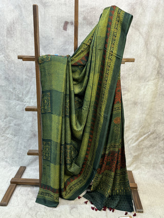 Green Ajrakh Print Modal Silk Saree - SRGAPMSS186