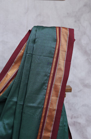 Green Plain Khun Saree With Maroon Border-SRGPKS127