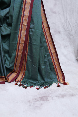 Green Plain Khun Saree With Maroon Border-SRGPKS127