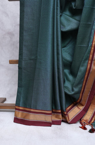 Green Plain Khun Saree With Maroon Border-SRGPKS127