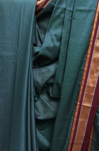 Green Plain Khun Saree With Maroon Border-SRGPKS127