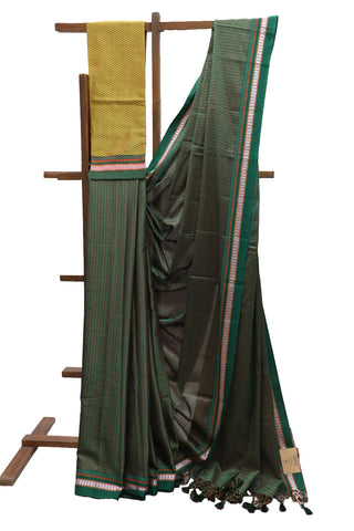 Green Plain Khun Saree With Green Border-SRBPKS164