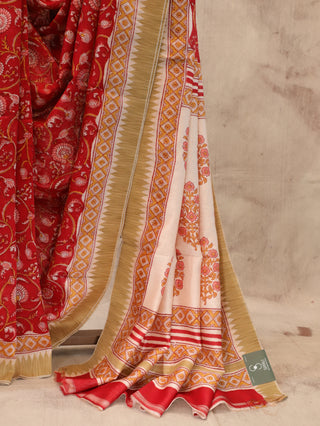 Red HBP Cotton Silk Chanderi Saree With Ghicha Border - SRRCSCS306