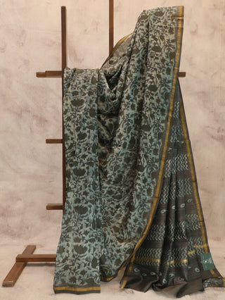 Teal Grey Vanaspati Print Cotton Silk Chanderi Saree - SRTGCSCS346