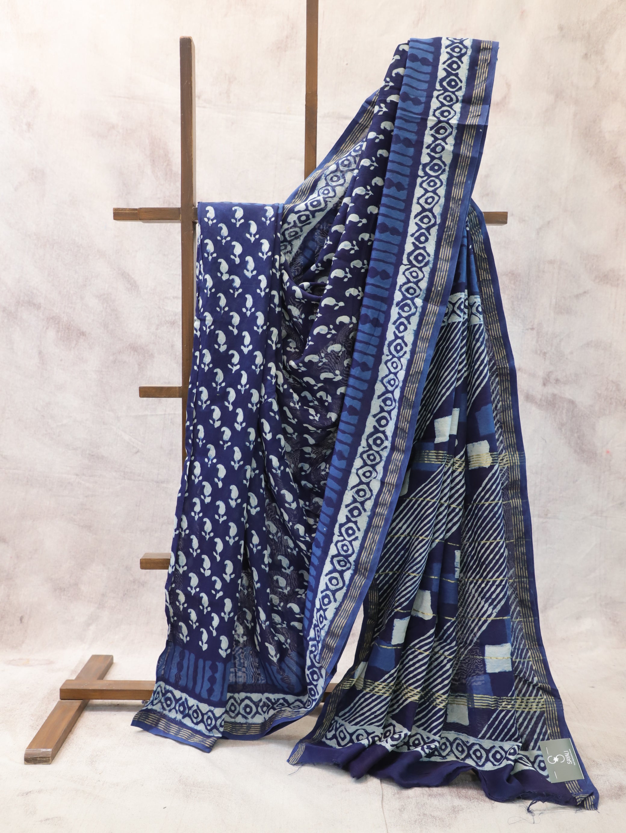 Dabu Printed Chanderi Cotton Saree in Indigo Blue : SJN7177