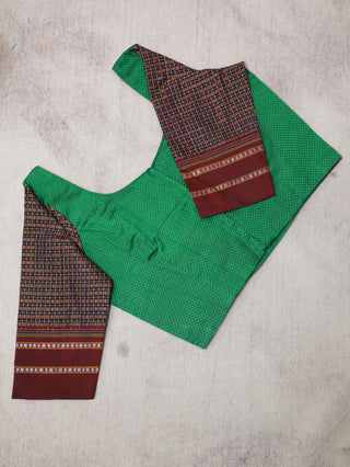 Green Khun Blouse With Maroon Border-SRGKB80