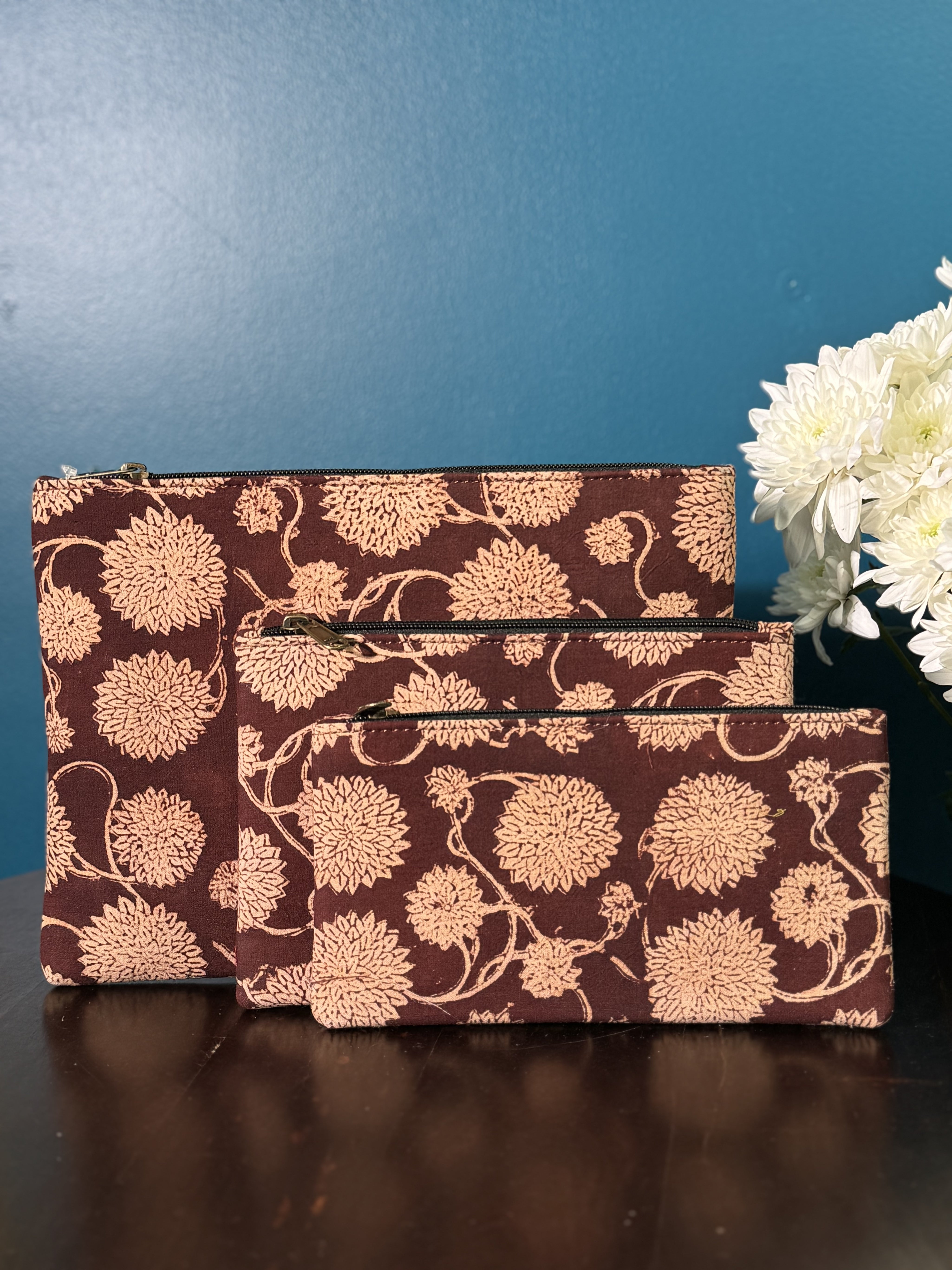 Dark Maroon-Beige HBP Cotton Pouch (Set Of 3)-SRDMBCP52