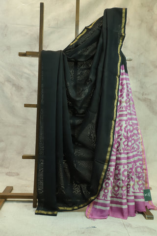 Black Cotton Silk Chanderi Saree With Pink HBP Pallu-SRBCSCS204