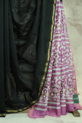 Black Cotton Silk Chanderi Saree With Pink HBP Pallu-SRBCSCS204