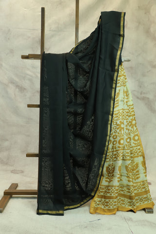 Black Cotton Silk Chanderi Saree With Mustard HBP Pallu-SRBCSCS203