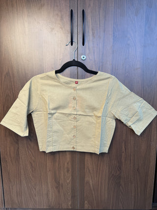 Boat Neck Beige Cotton Blouse With Piping