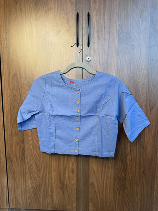 Boat Neck Bluish Grey Cotton Blouse With Piping