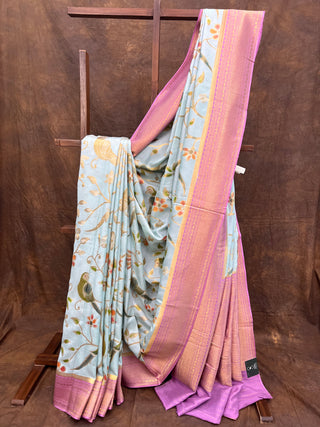 Light Ash Blue Tussar Silk Saree With Banarasi Pallu And Border - SRABTSSBP30