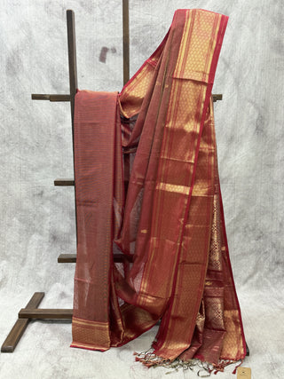 Red Maheshwari Tissue Silk Saree With Zari Pallu -SRRMTSS140