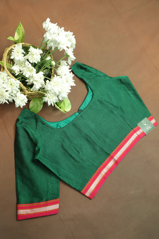 Green Khun Blouse With Pink Border-SRGKB42