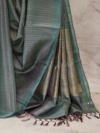 Olive Green Tussar Silk Saree - SROGTSS386