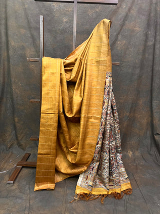 Mustard Yellow Raw Silk Saree With Madhubani Pallu - SRMYRSS23