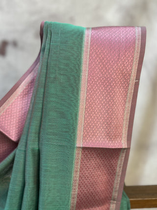 Peacock Green Maheshwari Cotton Silk Saree With Pink Border - SRPGMCSS277