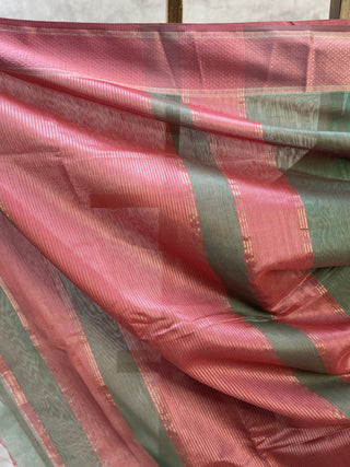 Peacock Green Maheshwari Cotton Silk Saree With Pink Border - SRPGMCSS277