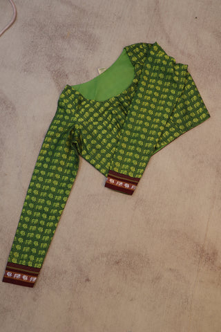 Parrot Green Hathi Mor Khun Full Sleeve Blouse-SRPGHMKB57
