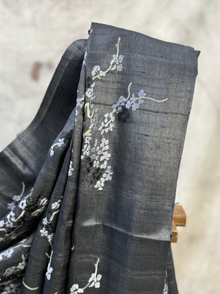 Black Machine Embroidered Tussar Silk Saree-SRBMETSS517