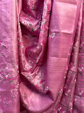 Pink Machine Embroidered Tussar Silk Saree-SRPMETSS523