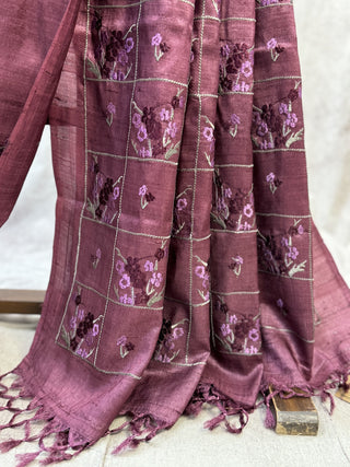 Magenta Machine Embroidered Tussar Silk Saree-SRMMETSS520