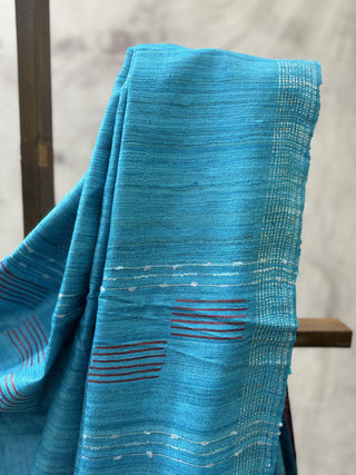 Aqua Blue Ghicha Tussar Silk Saree-SRABTSS655