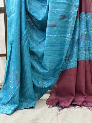 Aqua Blue Ghicha Tussar Silk Saree-SRABTSS655