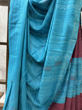 Aqua Blue Ghicha Tussar Silk Saree-SRABTSS655
