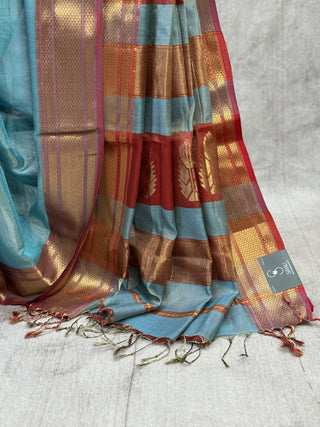 Blue Maheshwari Tissue Silk Saree With Zari Pallu -SRBMTSS135