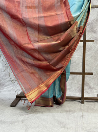 Blue Maheshwari Tissue Silk Saree With Zari Pallu -SRBMTSS135