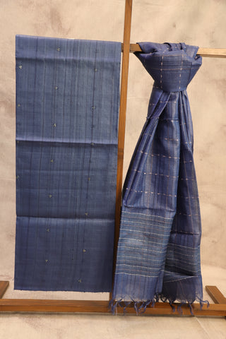 Teal Blue Tussar Silk Dress Material - SRTBTSDM42