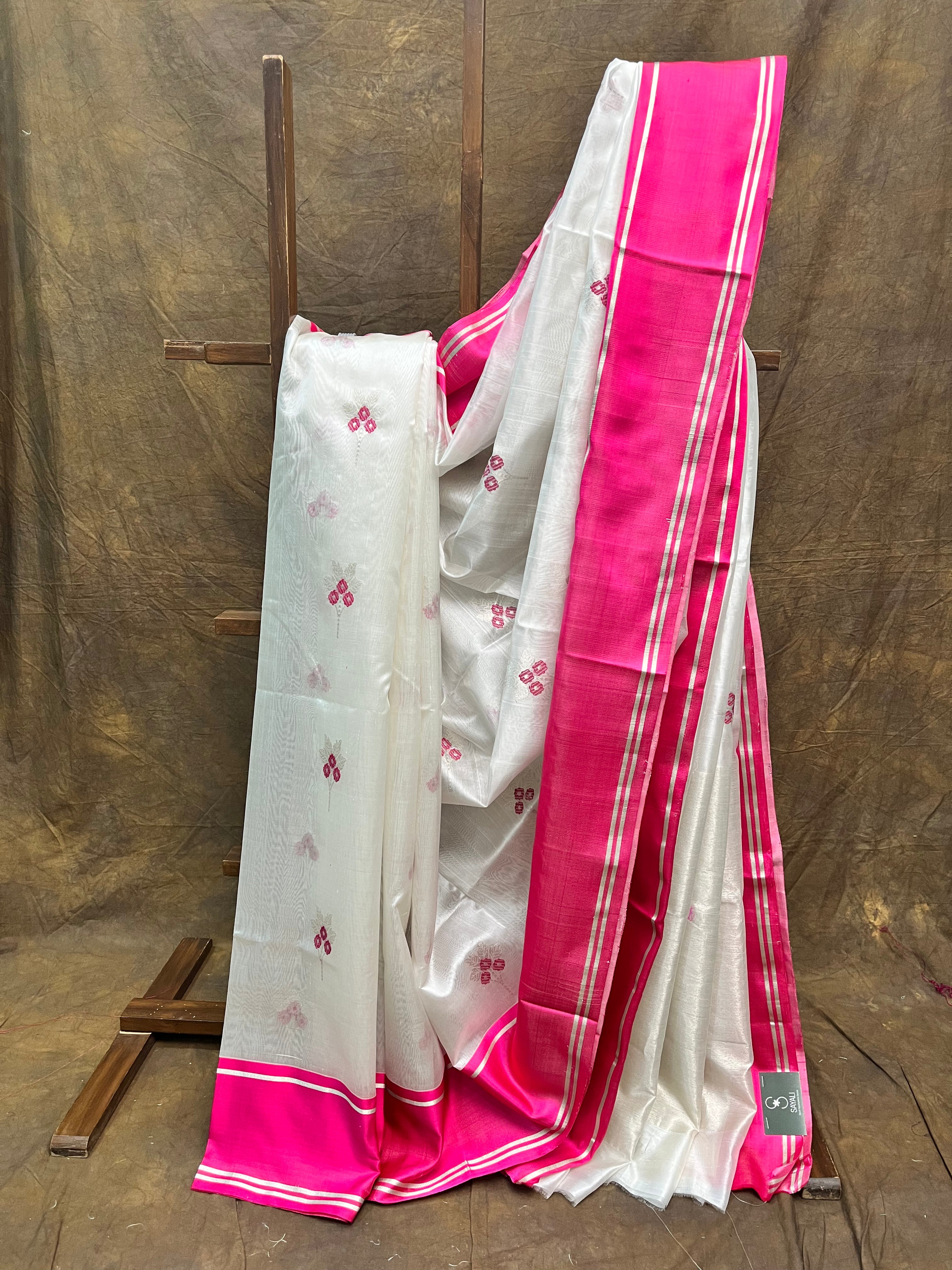 White Chanderi Silk Saree-SRWCSS75