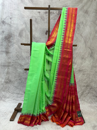 Parrot Green Cotton Gadwal Saree - SRPGCGS72 (Without Blouse Piece)