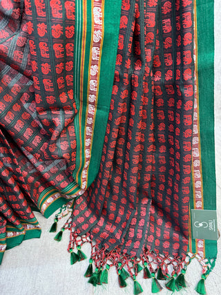 Black-Red Hathi Mor Khun Saree With Green Border - SRBRHMKS14