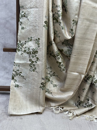 Cream Machine Embroidered Tussar Silk Saree-SRCMETSS513