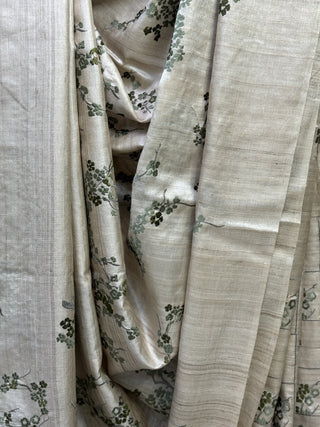 Cream Machine Embroidered Tussar Silk Saree-SRCMETSS513