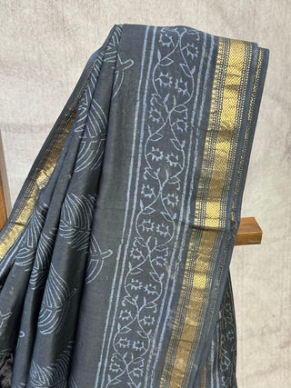 Black HBP Cotton Silk Chanderi Saree With Maheshwari Border -SRBCSCS478