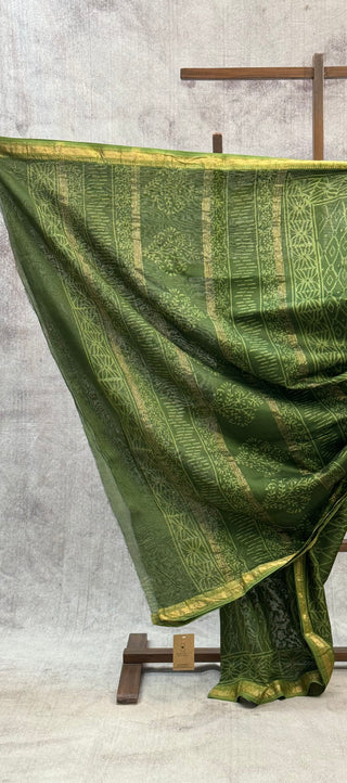 Green HBP Cotton Silk Chanderi Saree With Maheshwari Border -SRGCSCS517