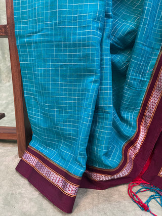 Rama Green Cotton Patchwork Saree With Khun Border-SRRGCPWS104