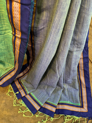 Green Cotton Patchwork Saree With Khun Border-SRGCPWS109
