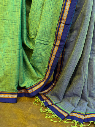 Leaf Green Cotton Patchwork Saree With Khun Border-SRLGCPWS110
